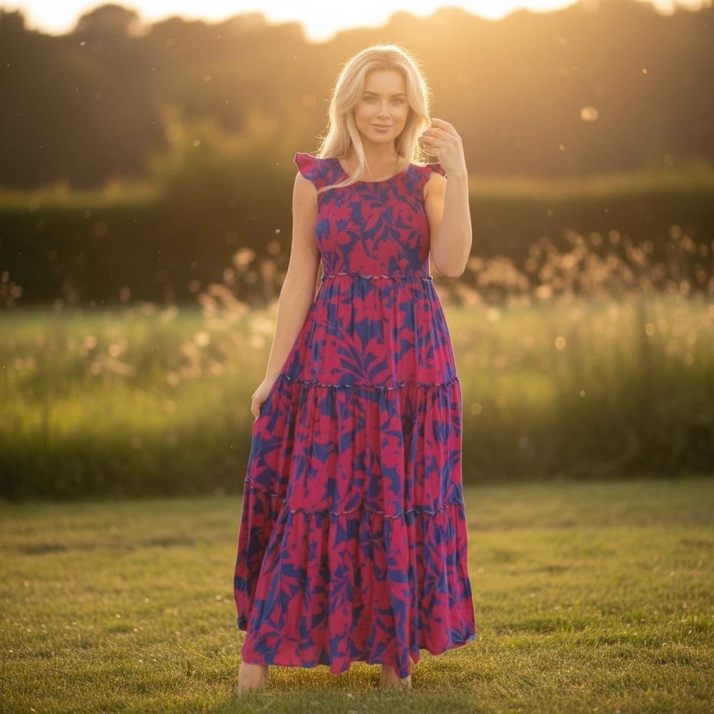 ABEL The Label Magenta Blue Floral Smocked Tiered Maxi‎ Dress Rayon M Bali Boho